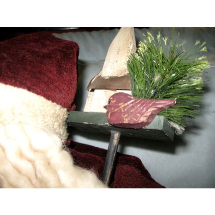 Santa Claus Doll in Burgundy Outfit w/very long cap, bird and evergreens