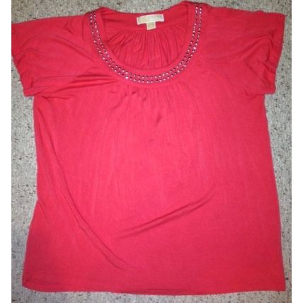 Michael Kors Blouse Women Pink-Coral Jewelry Beaded Neckline Short Sleeve Size L