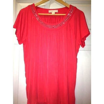 Michael Kors Blouse Women Pink-Coral Jewelry Beaded Neckline Short Sleeve Size L