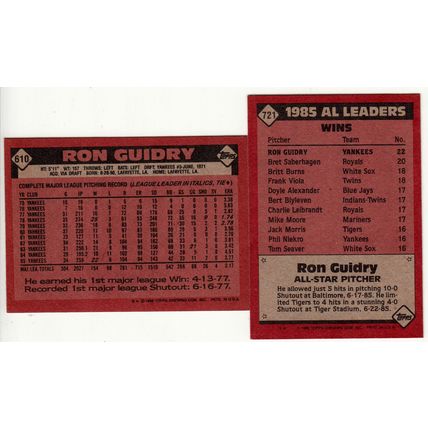 Two 1986 Topps Ron Guidry baseball cards #610, #721 – Yankees All Star