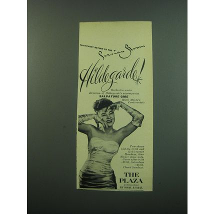 1949 The Plaza Hotel Ad - Triumphant return to the Persian Room Hildegarde!