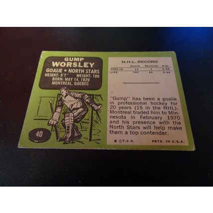 1970-71 Topps Hockey Card # 040 Gump Worsley Very Good (3) Minnesota North Stars