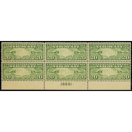 C9, Mint XF NH 20¢ Plate Block of Six CV $95 - Stuart Katz