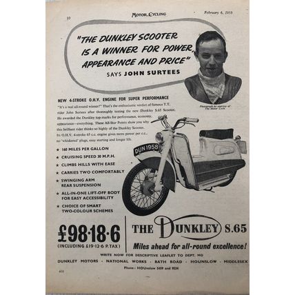 DUNKLEY S65 SCOOTER 1958 VINTAGE MOTORCYCLE SCOOTER ADVERT