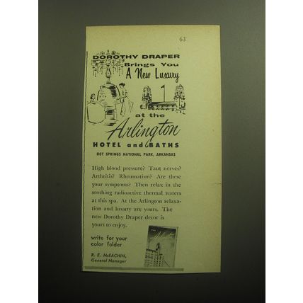1958 Arlington Hotel and Baths Ad - Dorothy Draper brings you a new luxury