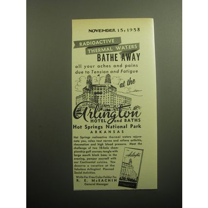 1958 Arlington Hotel and Baths Ad - Radioactive Thermal Waters Bathe Away