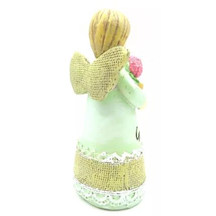 Grandmother Angel Figurine Wearing a Green Dress Holding a Pink Pot Plant Gift