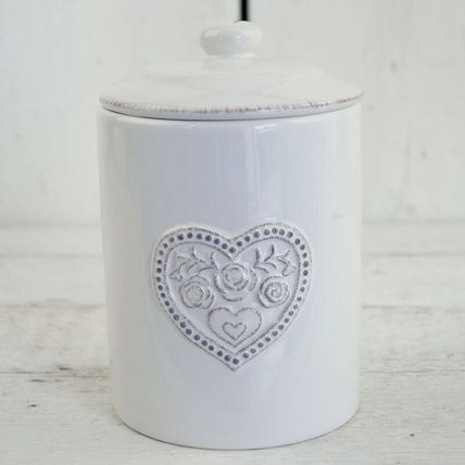 White Ceramic Storage Jar with Floral Heart Detail - Set of 3
