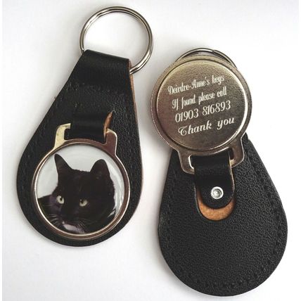 Genuine Leather Personalised Engraved KeyRing FOB with BLACK CAT Picture
