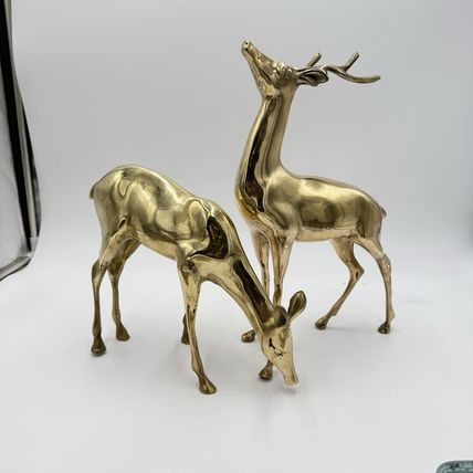 VINTAGE BRASS DEER Pair LARGE 13” Buck 9” DOE Mid Century Solid Retro Sculptures
