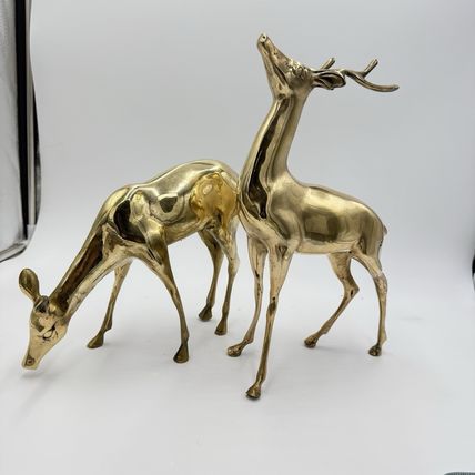 VINTAGE BRASS DEER Pair LARGE 13” Buck 9” DOE Mid Century Solid Retro Sculptures