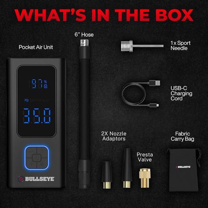 POCKET AIR Tire Inflator Portable Air Compressor by Bullseye Pro for Tires, Ball
