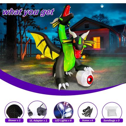 SEASONBLOW 8.5 Ft Long Halloween Inflatable Giant Twin-Headed Dragon with Eyebal