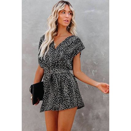Black Leopard Print Belted V Neck Short Sleeve Romper