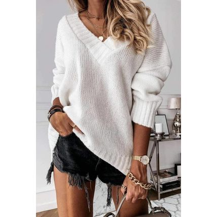 White V neck Drop Shoulder Knitted Sweater