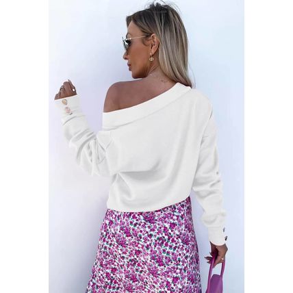 White Knitted V Neck Buttoned Cuffs Sweater