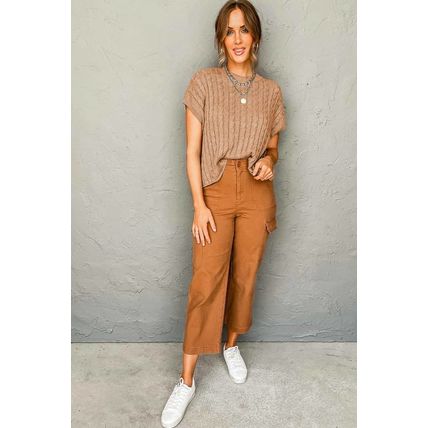 Light French Beige Crew Neck Cable Knit Short Sleeve Sweater