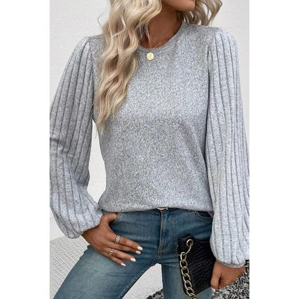Gray Contrast Ribbed Bishop Sleeve Top