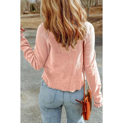 Apricot Pink Textured Round Neck Long Sleeve Top