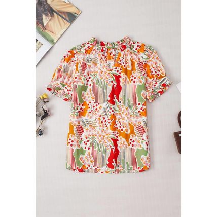 Pink Floral Print Button Frilled Short Sleeve Blouse