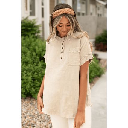 Parchment Crinkle Textured Frayed Trim Half Button Short Sleeve Top