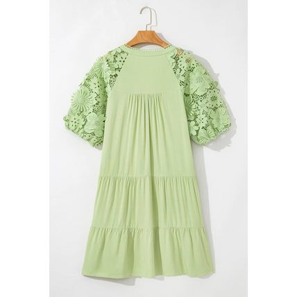 Laurel Green Floral Crochet Short Sleeve Notch V Neck Tiered Plus Size Mini Dres
