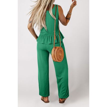 Green Solid Color Ribbed Ruffle Tank Top and Pants Set