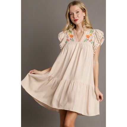 Jet Stream Linen Embroidery Split Neck Pom Pom Ruffle Sleeves Flowy Short Dress