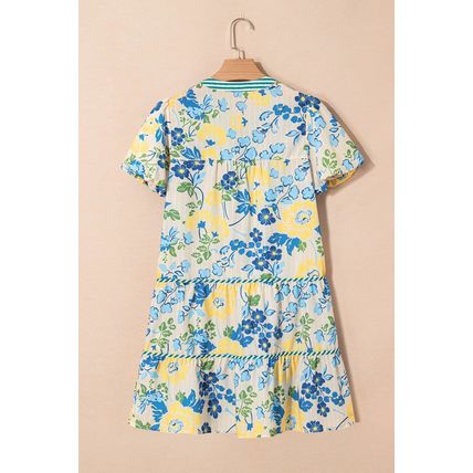 Blue Floral Striped Trim Puff Short Sleeve Dress