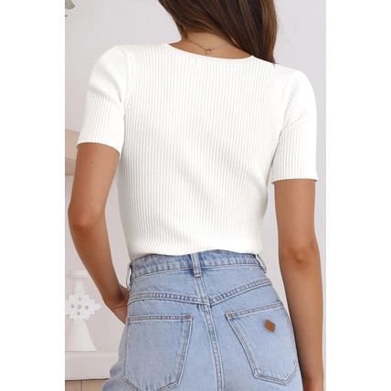 White V Neck Ribbed Knit Lightweight Short Sleeve Sweater