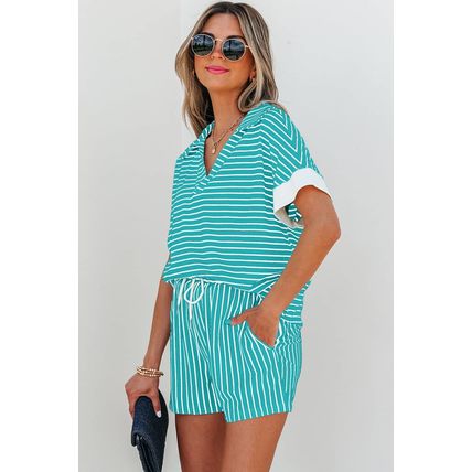 Sky Blue Stripe V Neck Tee and Casual Short Set