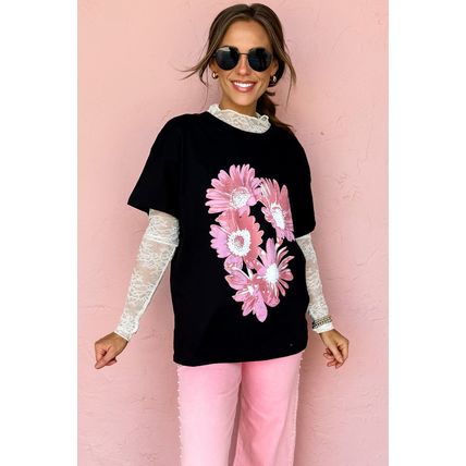 Black Pink Daisy Flower Printed Cotton Blend T Shirt
