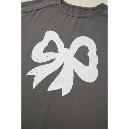 Medium Grey Lace Bow Raw Edge Drop Shoulder Casual T Shirt
