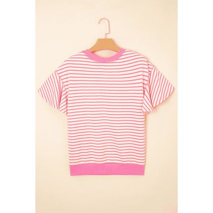 Sachet Pink Striped Guitar Patched Ruffle Short Sleeve Crossed Seam Blouse