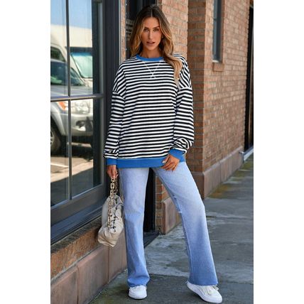 White Stripe Striped Contrast Ribbed Trim Crossed Stitch Drop Shoulder Sweatshir