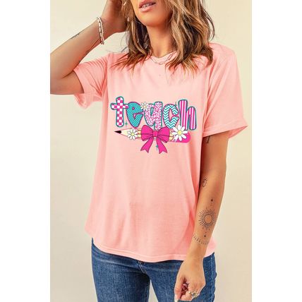 Pink Preppy Retro Checkered Coquette Teach Graphic T-Shirt