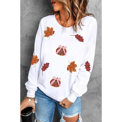 White Fall Leaf Bow Pumpkin Sequin Patched Baggy Sweatshirt