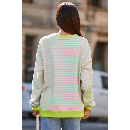 Green Stripe Contrast Ribbed Trim Crossed Stitch Drop Shoulder Sweatshirt