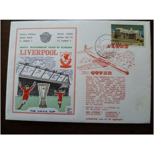 Greece 1972 Aek Athens v Liverpool Dawn Football Flown Cover 4 UEFA Cup Hughes