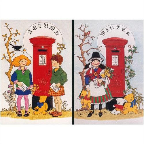 Rosalind J. Wicks postcard 1995 - (No.39-42) - "The Seasons" + pillar box types