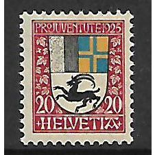 SWITZERLAND 1925 COAT OF ARMS 20 + 20c RED BLACK & BLUE SG J34 M MINT