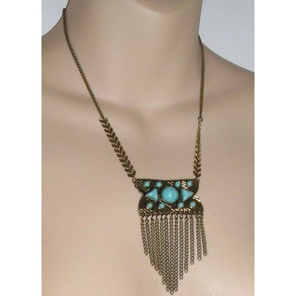 Cruise Club - Aqua & Brass Necklace with Linked Chain Fringe - NEW