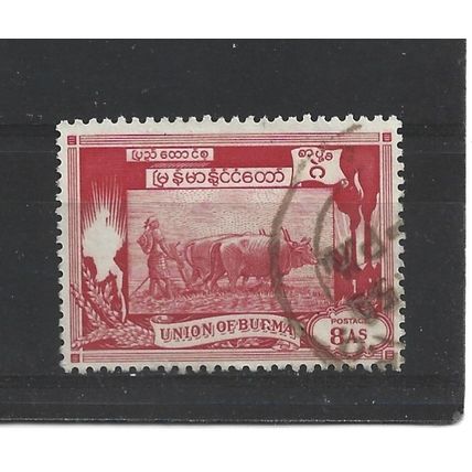 Burma.SG109 8a Ploughing paddy field with oxen (Red).Fine Used.Jul25f