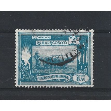 Burma.SG129 8a Ploughing paddy field with oxen (Blue).Fine Used.Jul25m