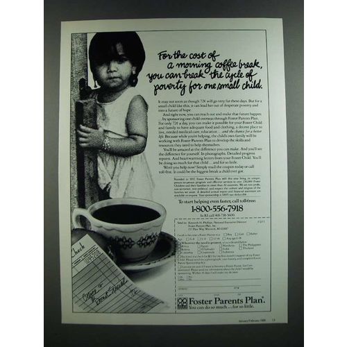 1986 Foster Parents Plan Ad - For The Cost of a Morning Coffee Break