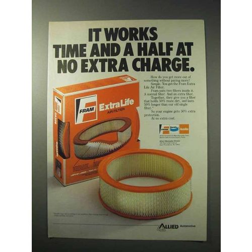 1986 Fram Extra Life Air Filter Ad - Time and A Half
