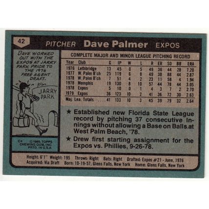 1980 Topps baseball card 42 Dave Palmer - Expos