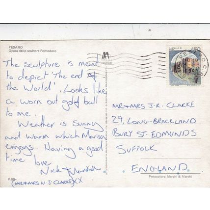 Pesaro Opera dell scultore Pomodora Italy Postcard 1988 used VGC