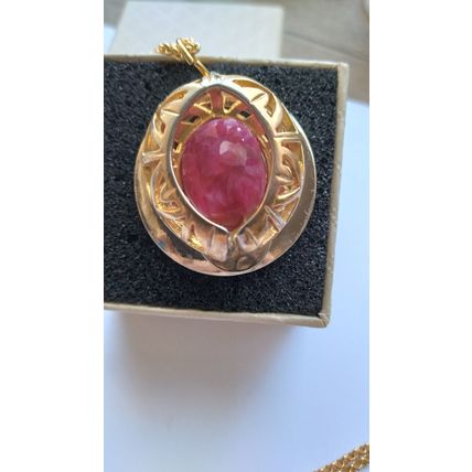 Pink African Blood Ruby handmade jewelry 18 inch gold tone necklace