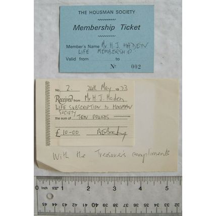 1973 The Housman Society Membership Ticket & receipt, H. J. Haden